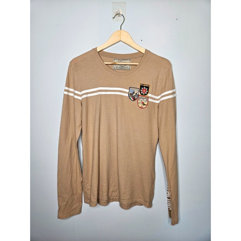 LUIS TRENKER Women's Top Large Long Sleeve Tee Shirt Patches Logo Sleeve Tan